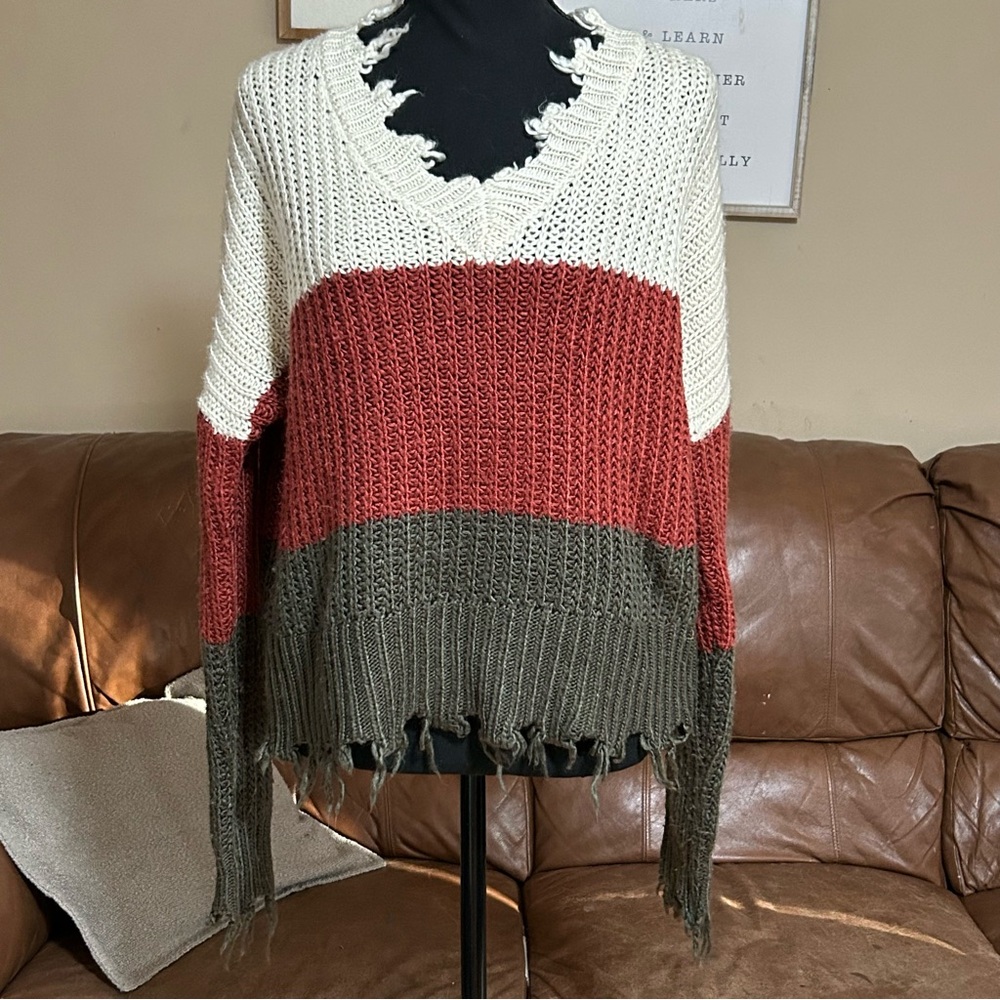 HYFVE Cream and Red V-Neck Sweater with Distressed Hem